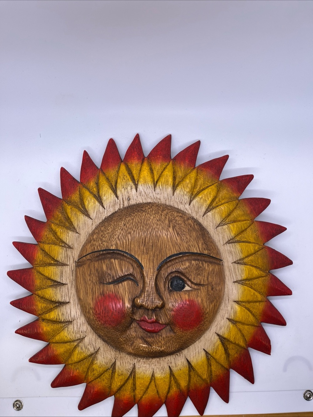 Hand-Carved Sun Face Wall Accent in Red & Yellow
